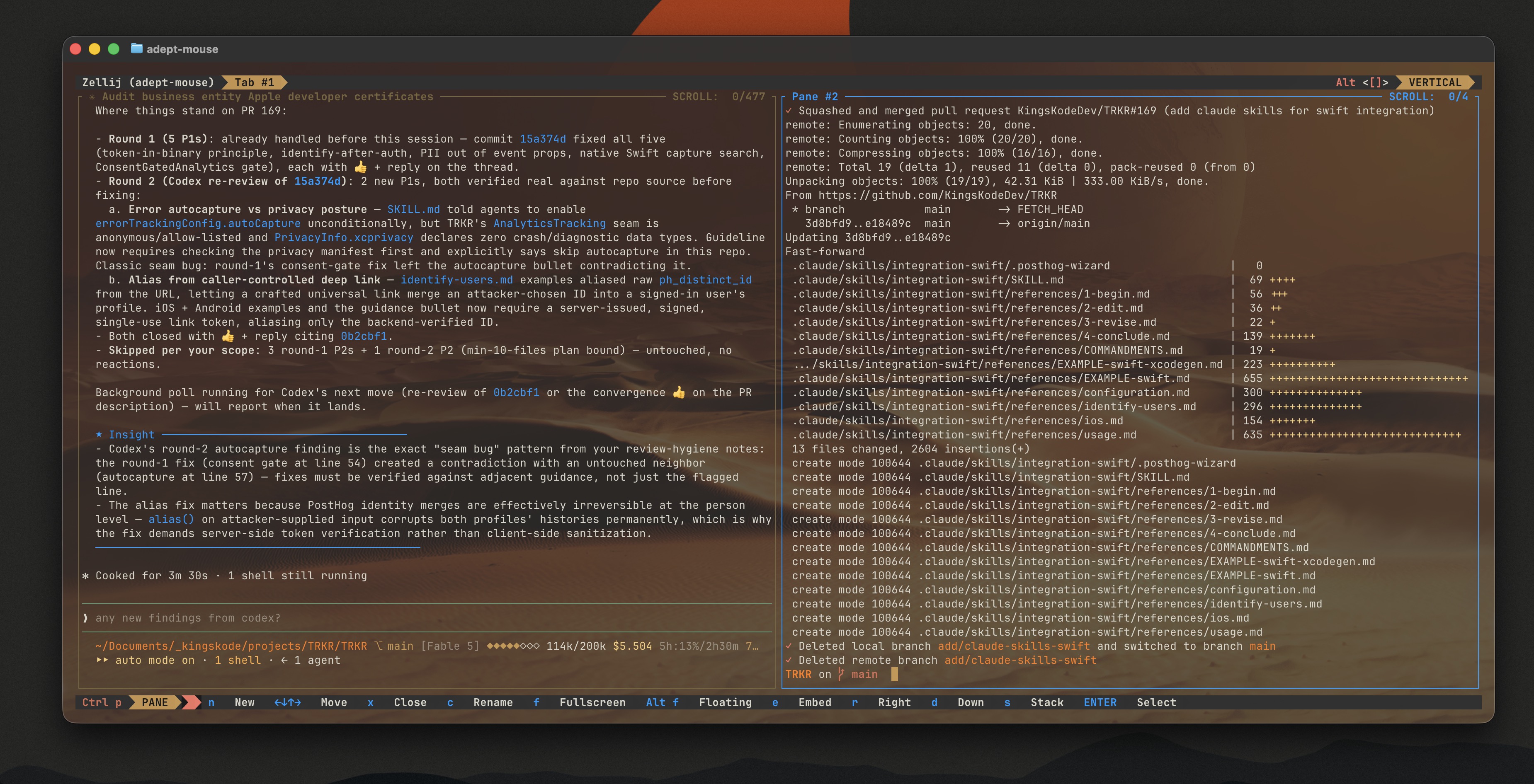 The finished rice — Ghostty + Zellij in the spice theme, desert dunes behind every pane, ochre frames, Claude Code at work