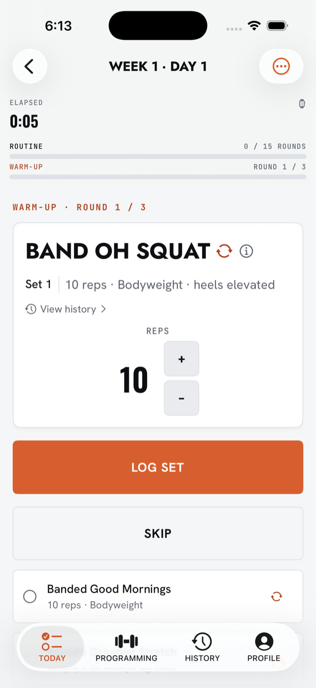 TRKR live logging: band overhead squat set with rep stepper and log set button