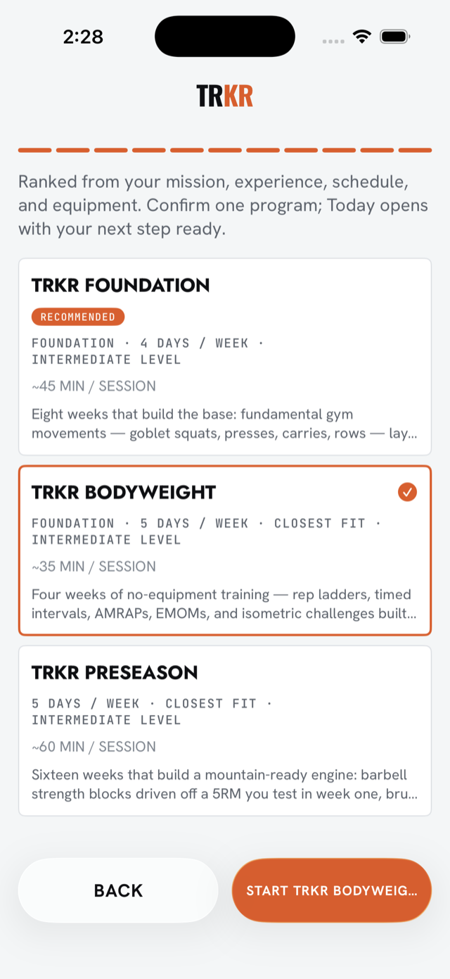 TRKR ranked program picker with recommended program