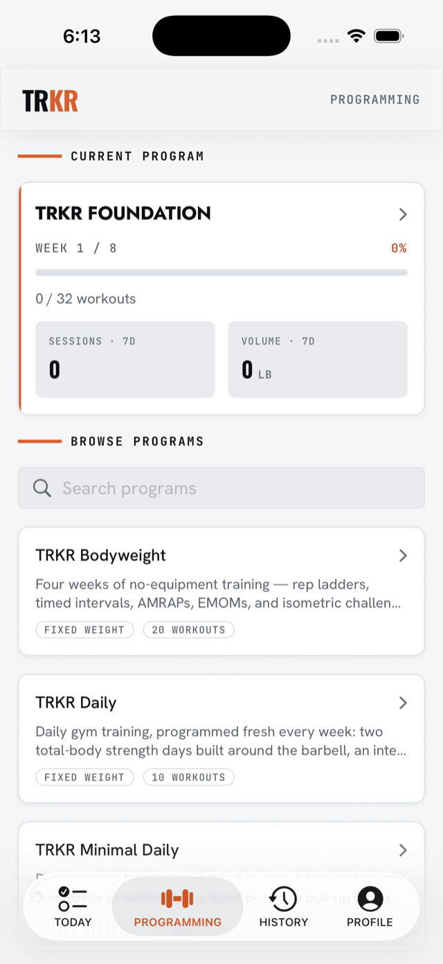TRKR programming tab: current program progress and program browser