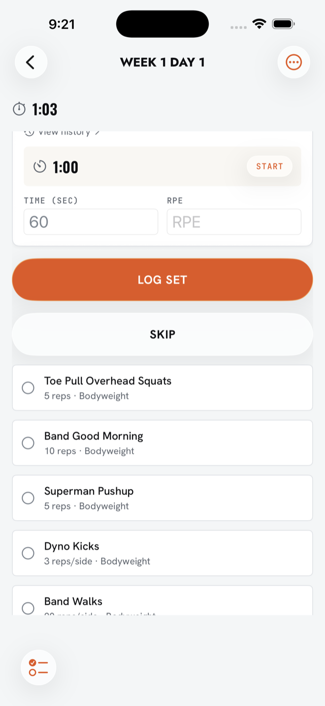 TRKR rest timer with RPE input during a live session